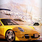 Porsche Parked In Front Of Luxury Yacht Art Print