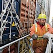 Port Worker Handling Cargo Containers Art Print