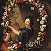 Portrait Of A Woman Surrounded By Flowers, Presumed To Be Julie Dangennes Oil On Canvas Art Print