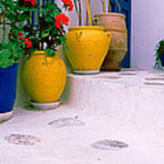 Potted Plants On Steps, Mykonos Art Print