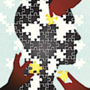 Puzzle Of Human Silhouette With Pieces Put Together By Hands Art Print