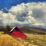 Red Barn Under Cloudy Blue Sky In Colorado Art Print