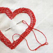 Red Love Heart Made With Needle And Art Print