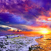 Red Purple Sea Sunset-sun Trail Waves Seascape Art Print