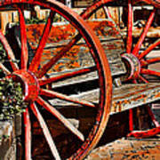 Red Wagon Wheel Bench Art Print