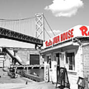 Reds Java House And The Bay Bridge In San Francisco Embarcadero . Black And White And Red . Square Art Print