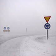 Road Signs In Snowy Landscape Art Print