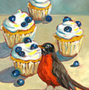 Robin With Blueberry Cupcakes Art Print