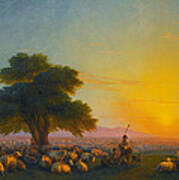 Shepherds With Their Flock At Sunset Art Print