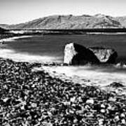 Smooth Water Rocky Beach And Mountains Art Print