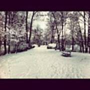 Snow Covered Bridge And Park Bench Art Print