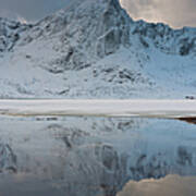 Snow Covered Mountain Reflected In Lake Art Print