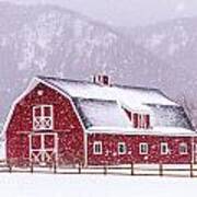 Snowy Red Barn Art Print