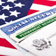 Social Security Card And Permanent Resident On Usa Flag Art Print