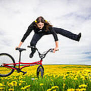 Spring Has Sprung - Bmx Flatland Artist Monika Hinz Jumping In Yellow Flower Meadow Art Print