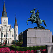 St Louis Cathedral With Statue Of Art Print