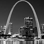 St. Louis Skyline At Night Gateway Arch Black And White Bw Panorama Missouri Art Print