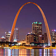 St. Louis Skyline At Night Gateway Arch Color Panorama Missouri Art Print