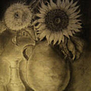 Still Life Clay Pot With Two Sunflowers Art Print