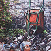 Still Life Wheelbarrow With Collection Of Pots By Stone Wall Art Print