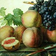 Still Life With Peaches And Grapes On Marble Art Print