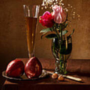Still Life With Roses In Small Roemer And Two Red Pears Art Print