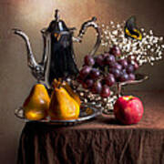 Still Life With Silverware-fruit And Butterfly Art Print