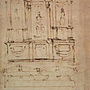 Study For A Double Tomb For The Medici Tombs In The New Sacristy, 1521 Pen & Ink On Paper Art Print