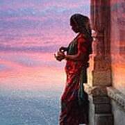 Sunset Lake Colorful Woman Rajasthani Udaipur India Art Print