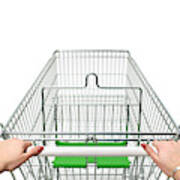 Supermarket Trolley With Woman's Hands On White Art Print