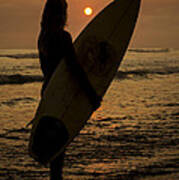 Surfer Girl Sunset Silhouette Art Print
