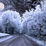 Blue Moon Full Moon Surreal Fantasy Fairytale Blue Moon Stars Nature Winter Landscape Art Print