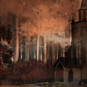 Surreal Gothic Church Autumn Fall Orange Brown With Full Moon And Stars Art Print
