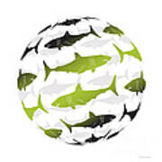 Swimming Green Sharks Around The Globe Art Print
