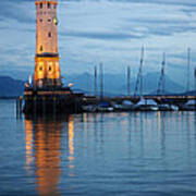 The Lighthouse Of Lindau By Night Art Print