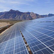Tilted Solar Panels, Near The Mountains Of The Mojave Desert Art Print