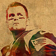 Tom Brady New England Patriots Quarterback Watercolor Portrait On Distressed Worn Canvas Art Print