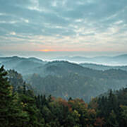 Trees And Mountain Range Against Cloudy Art Print