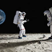 Two Astronauts Playing Soccer On The Moon Art Print