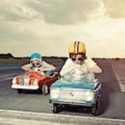 Two Boys In Pedal Cars Crossing Finishing Line On Race Track Art Print