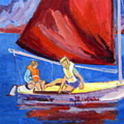 Two Girls Set To Sail With Red Sail Art Print