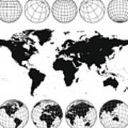 Various Views Of The World As A Globe, And On Flat Surface Art Print