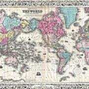Vintage Map Of The World 1852 Art Print