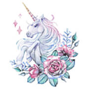 Watercolor Design With Unicorn And Rose Art Print