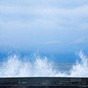 Waves Crashing Over Seawall In Scarborough Art Print