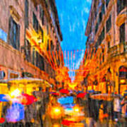 Wet Winter Night On The Via Dei Condotti In Rome Art Print