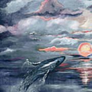 Whale Jumping Ocean Sunset Art Print