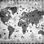 Whimsical World Map Bw Art Print
