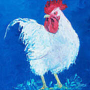 White Rooster On Blue Art Print