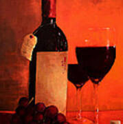 Wine Bottle - Wine Glasses - Red Grapes Vintage Style Art Art Print